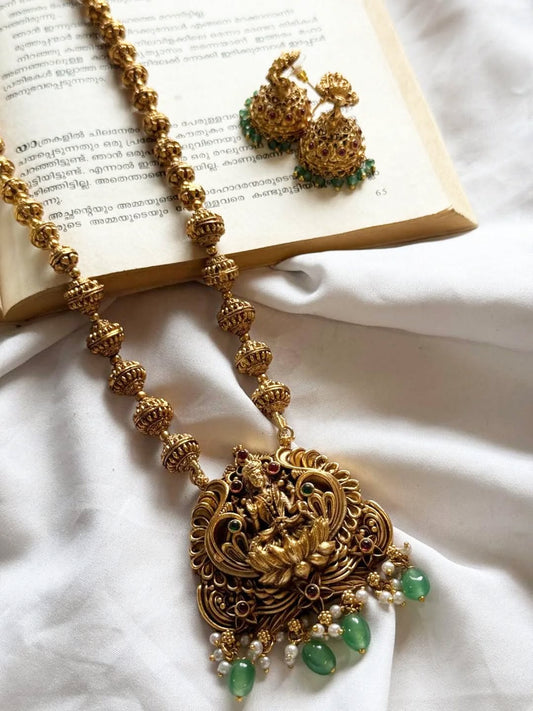 Lakshmi Pendant With Mint Green Bead Drops Haaram With Earrings