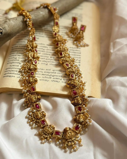 Pink Lakshmi Idol Long Haaram With Earrings