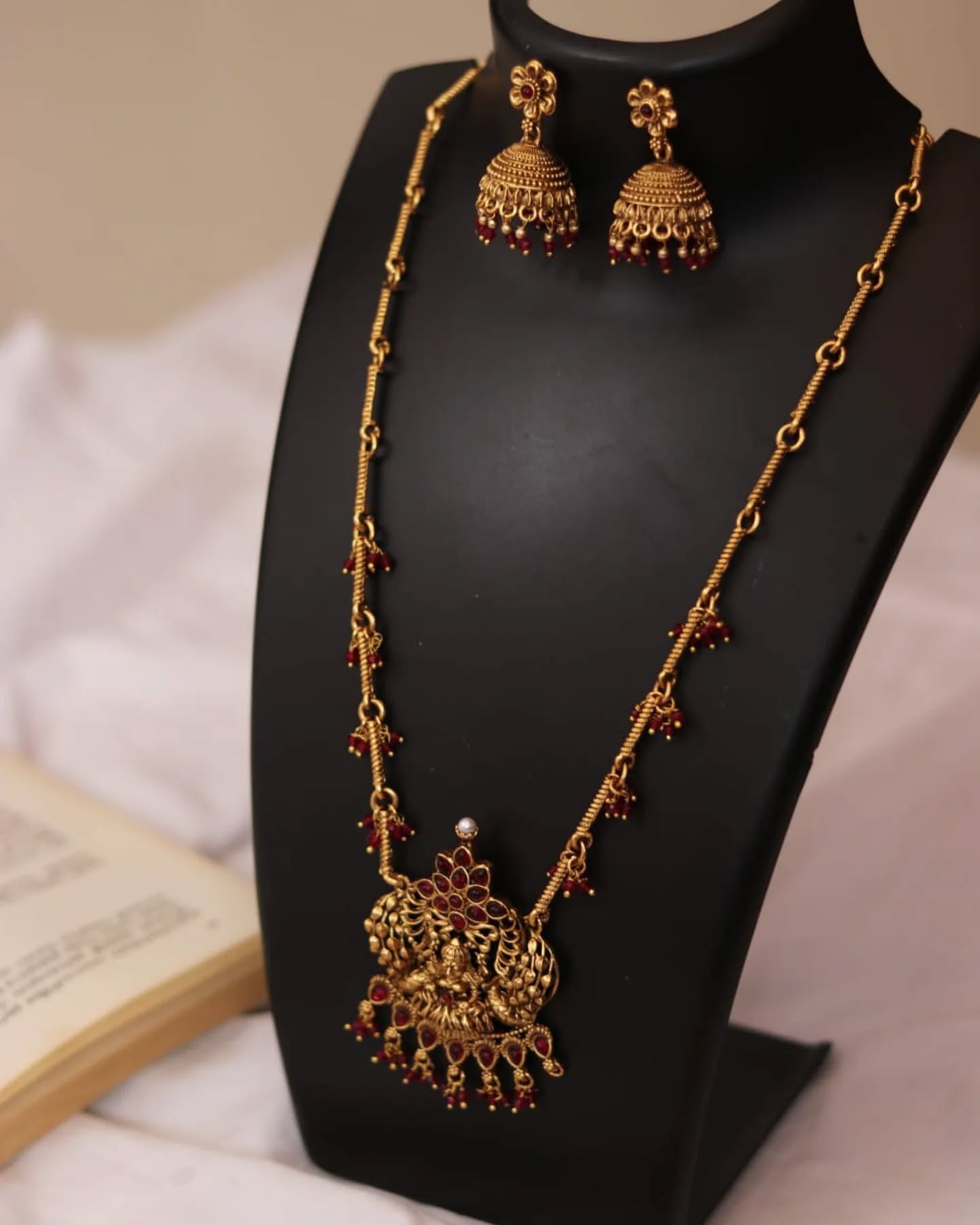 Ruby Stone Lakshmi Haaram With Pink Drops In Chain Haaram With Earrings