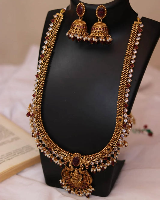 Lakshmi Pendant In Pink And White Stone Chain Heavy Haaram With Earrings