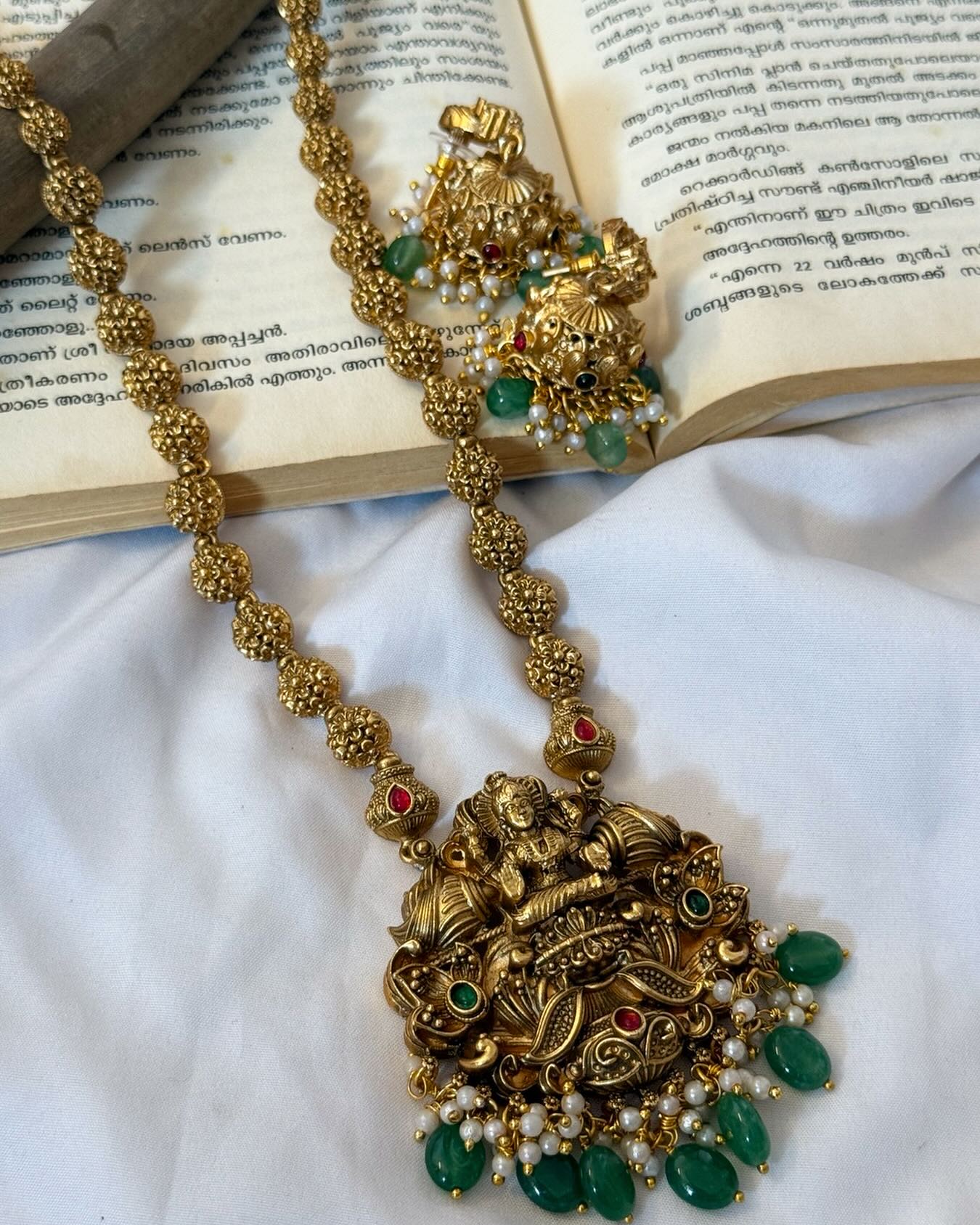 Antique Lakshmi Pendant In Flowerballs Chain Haaram With Earrings