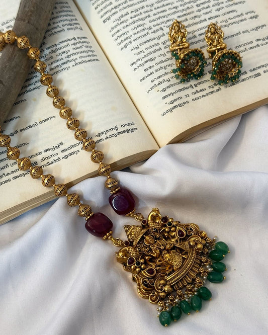 Dhanalakshmi Pendant In Balls Chain Haaram With Earrings