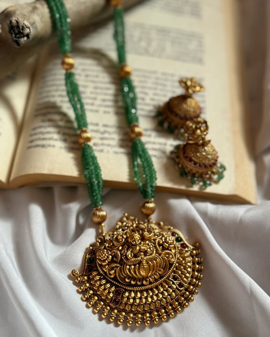 Lakshmi Pendant In Mint Green Chain Haaram With Earrings