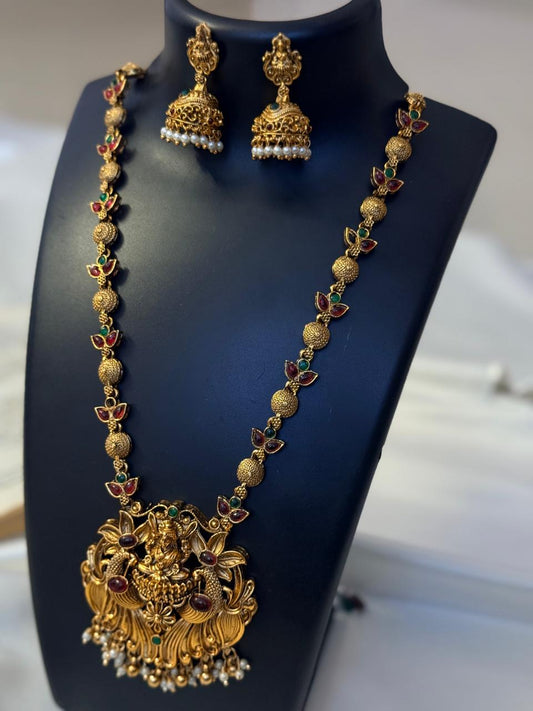 Multicolor Flower Motif With Lakshmi Pendant Haaram With Earrings