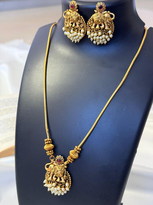 Elephant Pendant With White Gungroos Haaram With Earrings