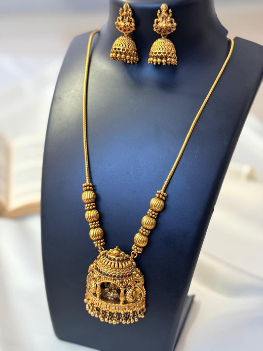 Lakshmi Idol Pendant With Golden Balls Haaram With Earrings