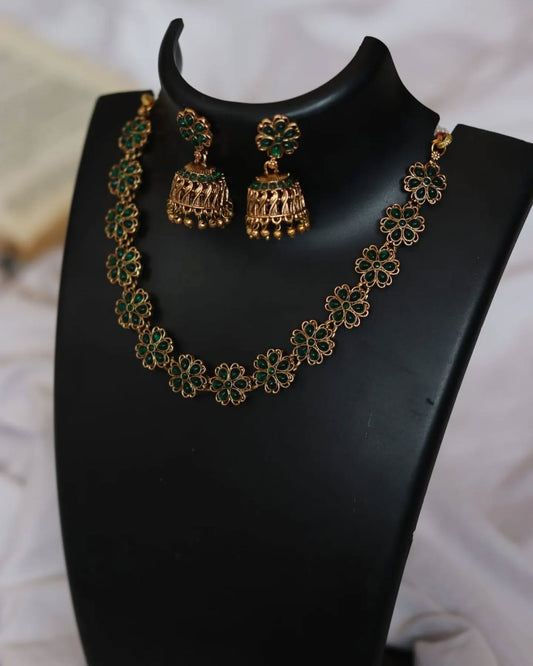 FLOWER MOTIF NECKLACE WITH EARRINGS