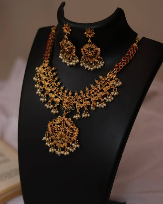 Multicolor Necklace With Lakshmi Pendant With Earrings
