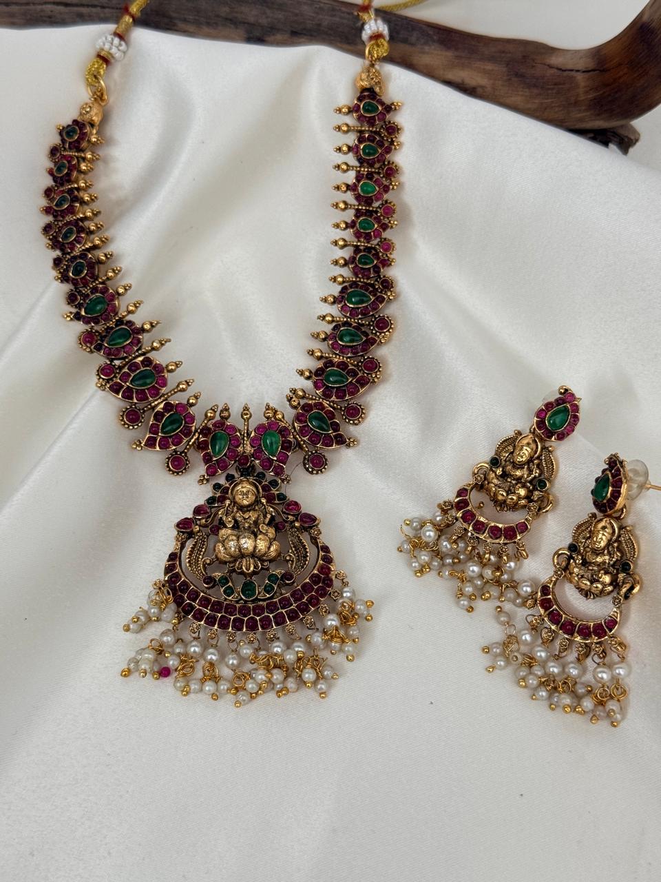 Multicolor Lakshmi Pendant Necklace With Earrings