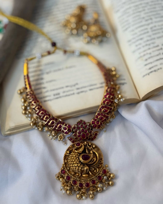 Pink Peacock Hasli Necklace With Earrings
