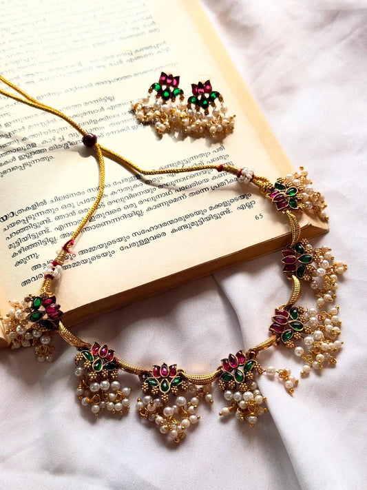 Multi Lotus White Gungroos Necklace With Earrings