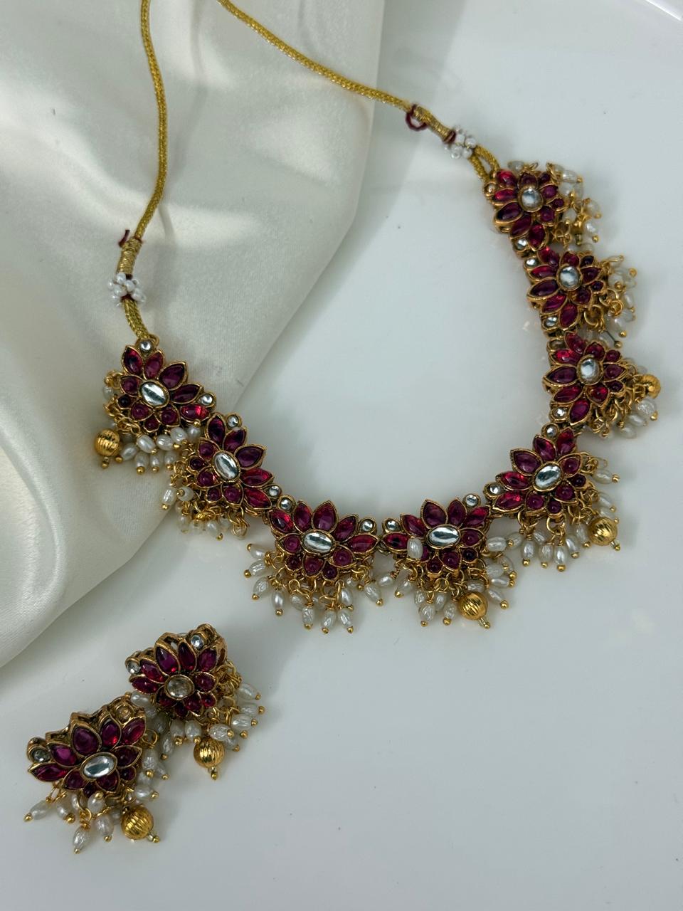 Pink And White Lotus Necklace With Earrings