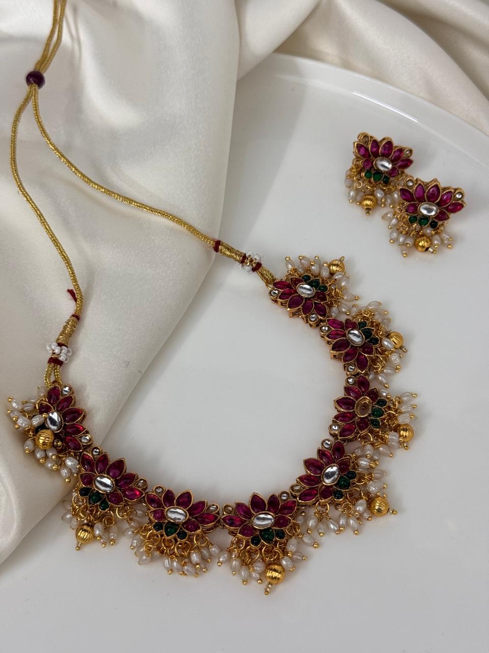 Multi Color Lotus With Gungroo Necklace With Earrings