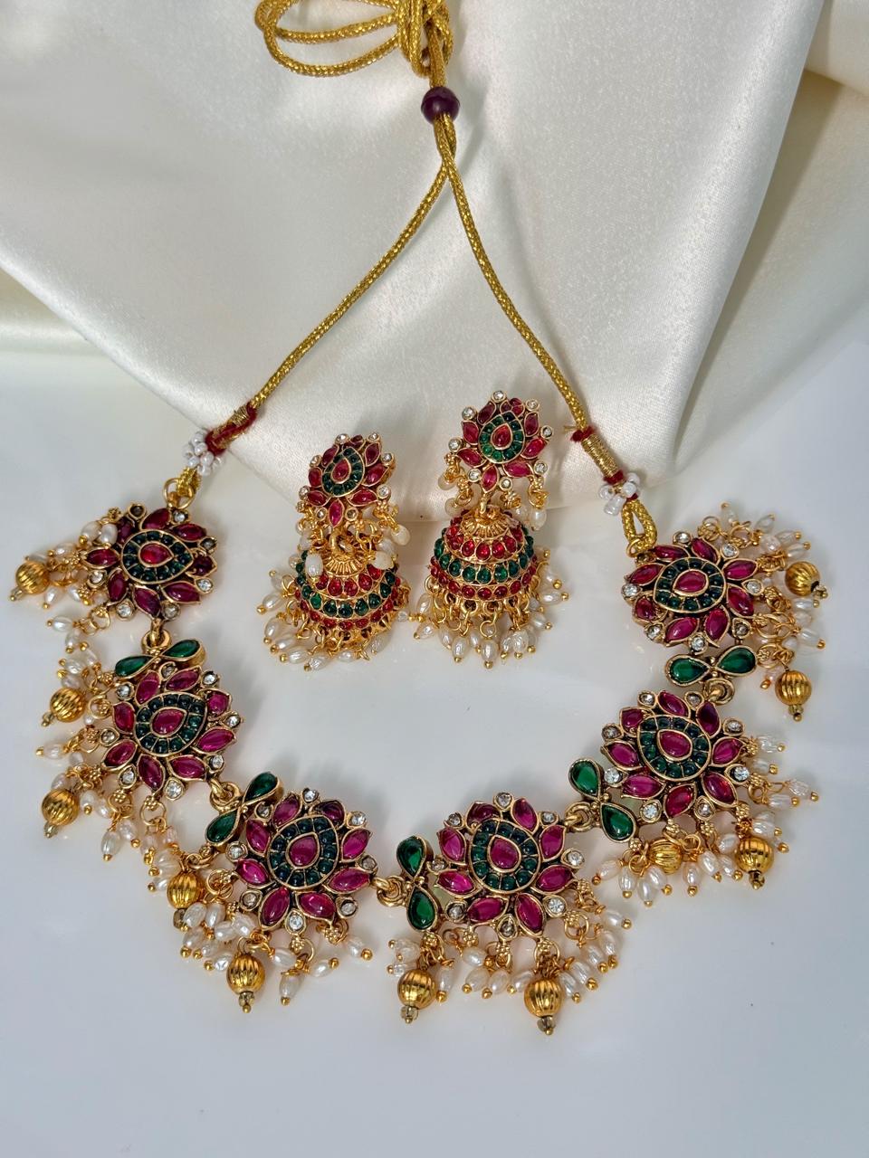 Multicolor Flower With Gungroo Necklace With Earrings