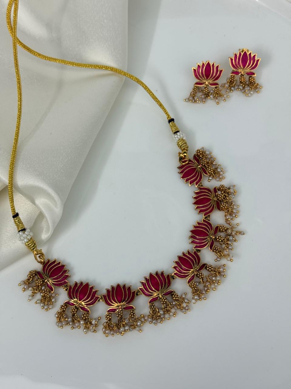 Full Pink Lotus With Gungroo Hangings Necklace With Earrings