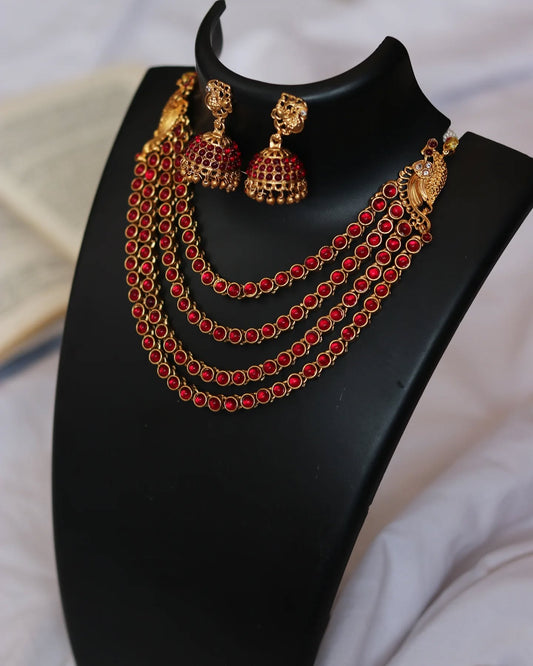 Ruby Multi Layered Necklace With Earrings