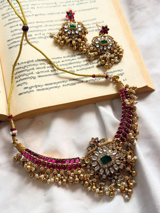 Heavy  Golden And White Gungroo Drops Necklace With Earrings