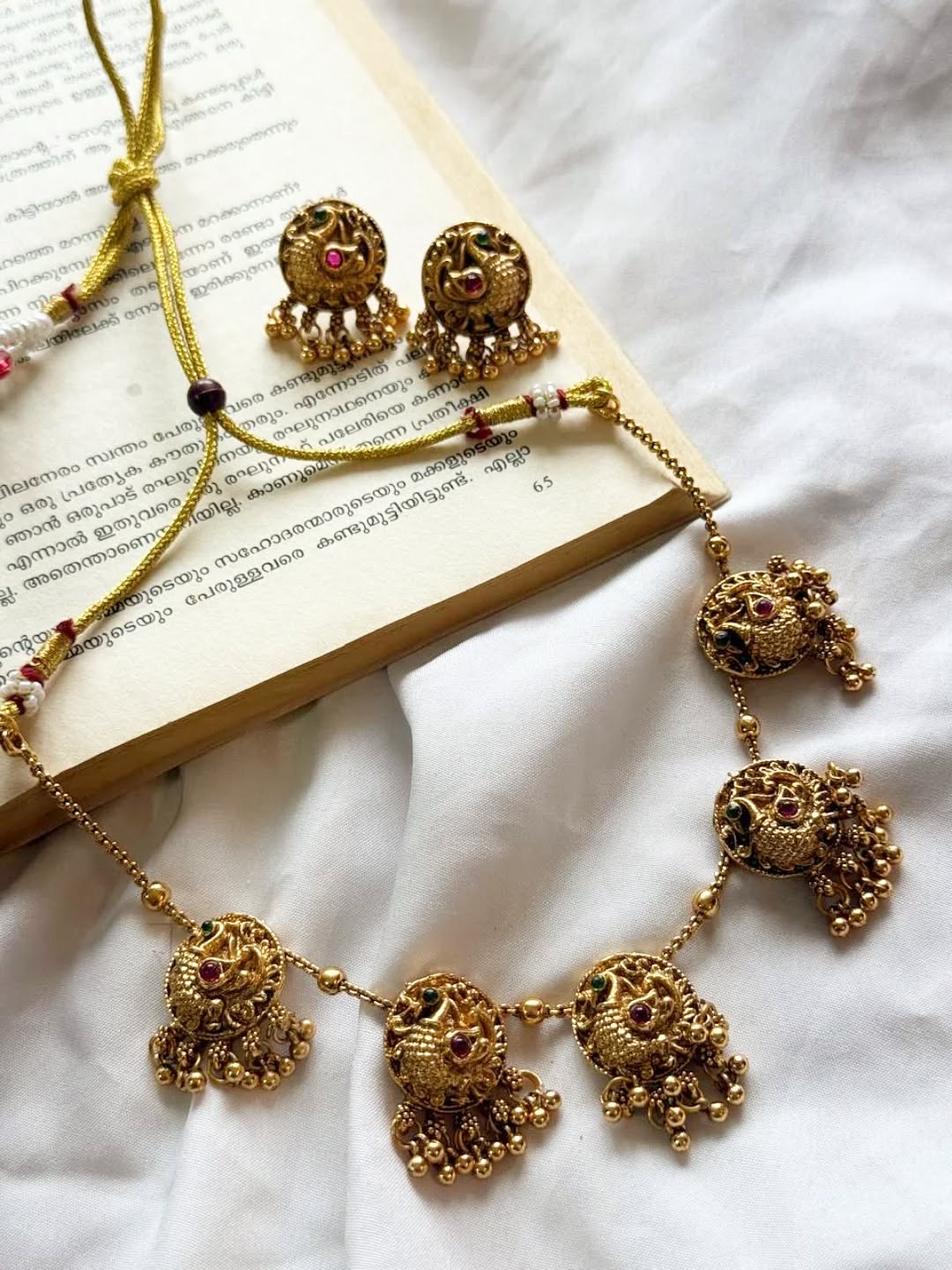 Multicolor Peacock Pendant With Golden Gungroo In Chain Necklace With Earrings