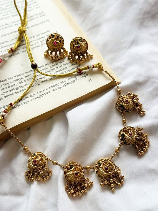 Multicolor Peacock Pendant With Golden Gungroo In Chain Necklace With Earrings