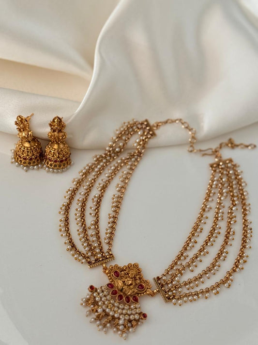 Pink Lakshmi Pendant With Gungroo Chain Necklace With Earrings