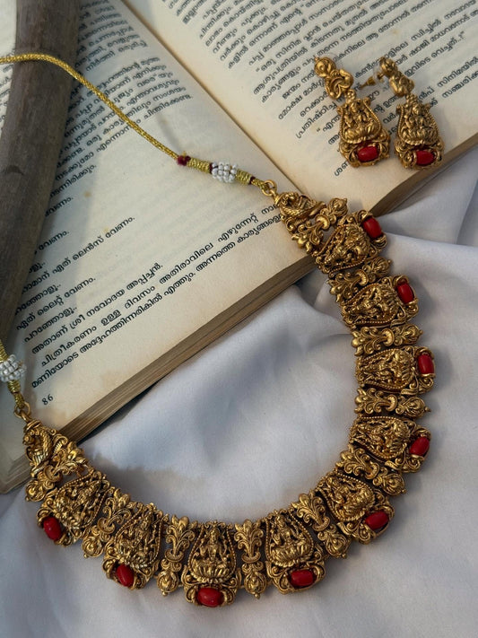 Lakshmi With Coral Bead Necklace With Earrings