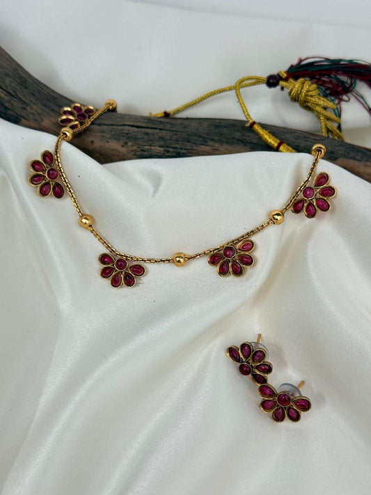 Half Flower Multi Pendant In Chain Necklace With Earrings