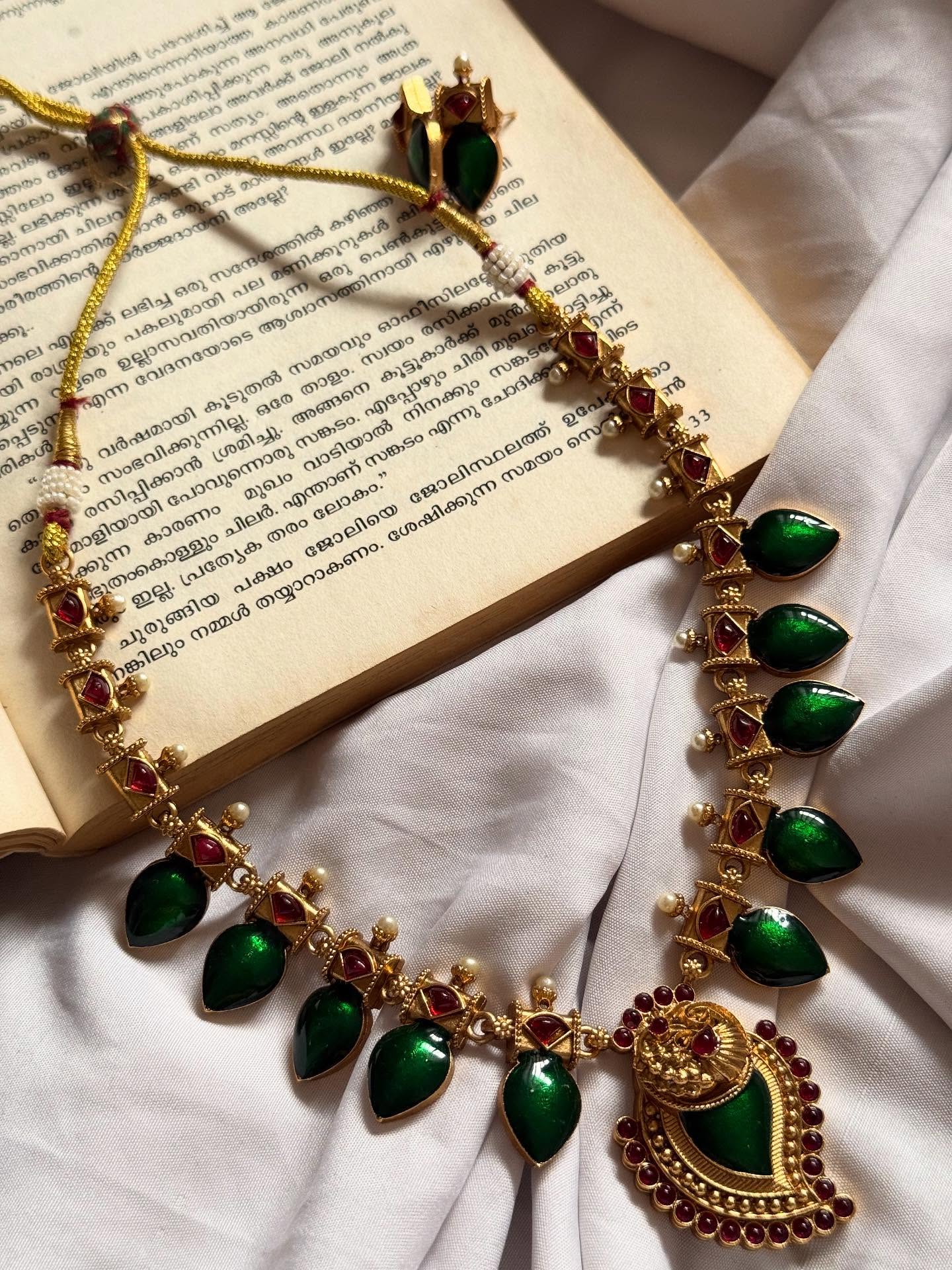 Green Enamelled Necklace With Earrings