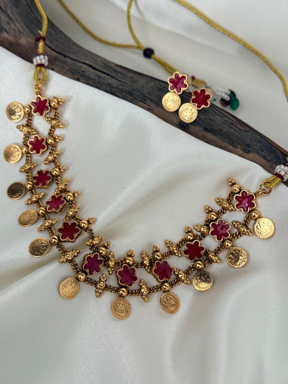 Pink Flower Coin Necklace With Earrings