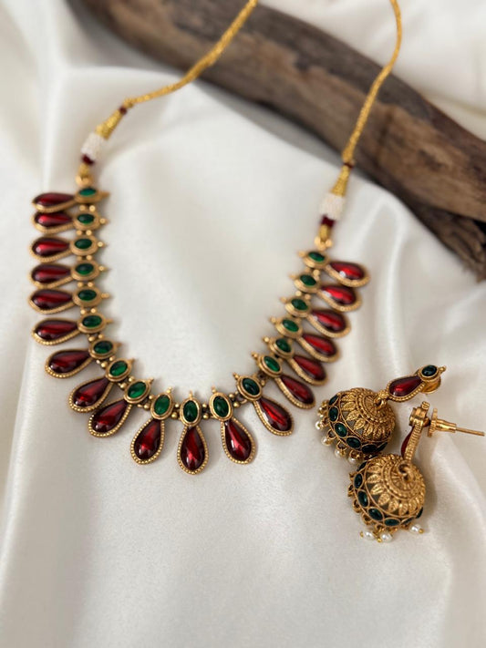 Red Enamelled Palakka Necklace With Earrings