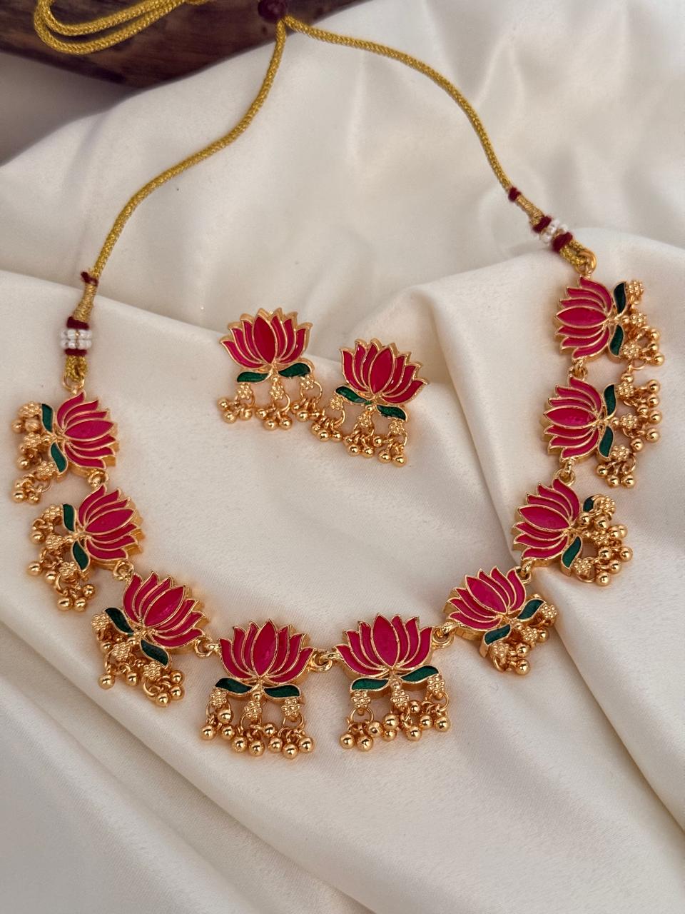 Lotus Pendants With Golden Gungroos Necklace With Earrings