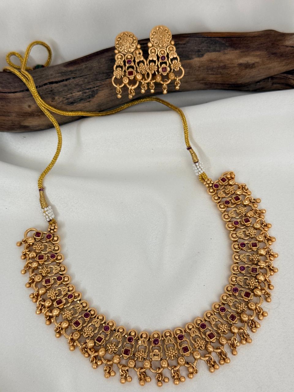 Matte Finished Ruby Stone Necklace With Earrings