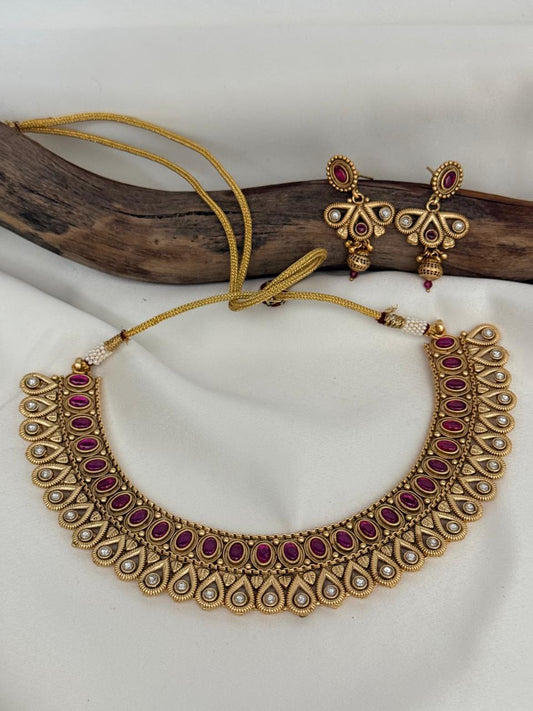 Matte Finished Ruby Stone With Flower Motif Necklace With Earrings