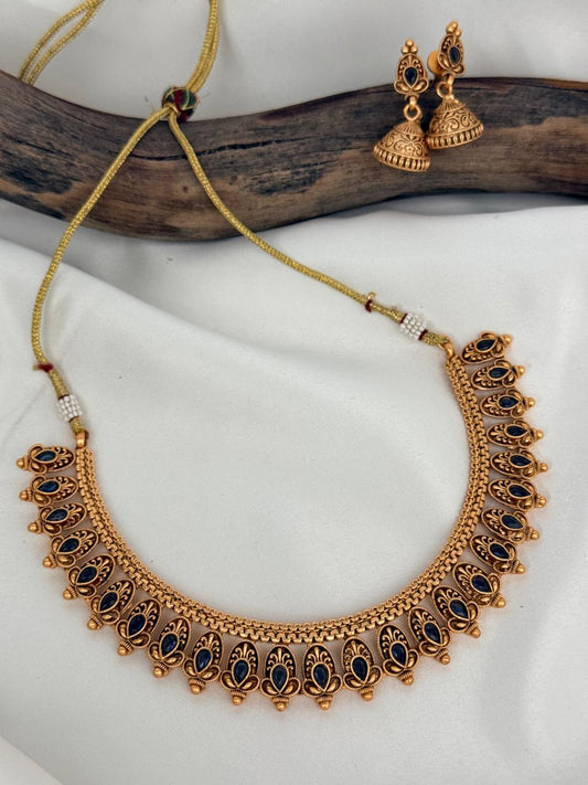 Copper Gold Blue Stone Flower Motif Necklace With Earrings