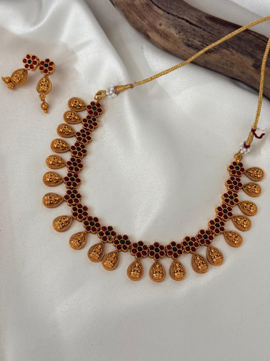 Orange Gold Multicolor Stones With Lakshmi Pendants Necklace With Earrings