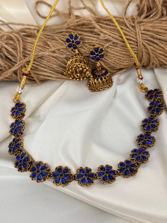 Blue Flower Pendants Necklace With Earrings