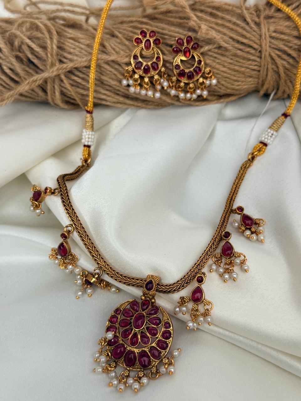 Ruby Stone Pendant Necklace With Earrings