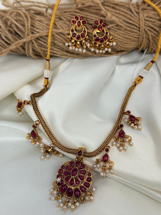 Ruby Stone Pendant Necklace With Earrings