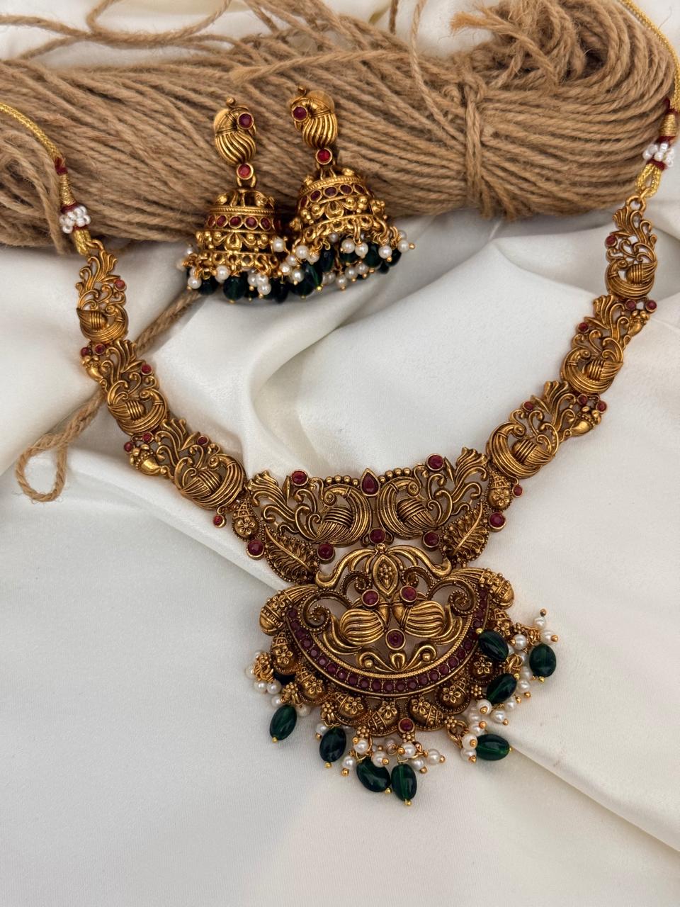 Ruby Stone Peacock Pendant Necklace With Earrings