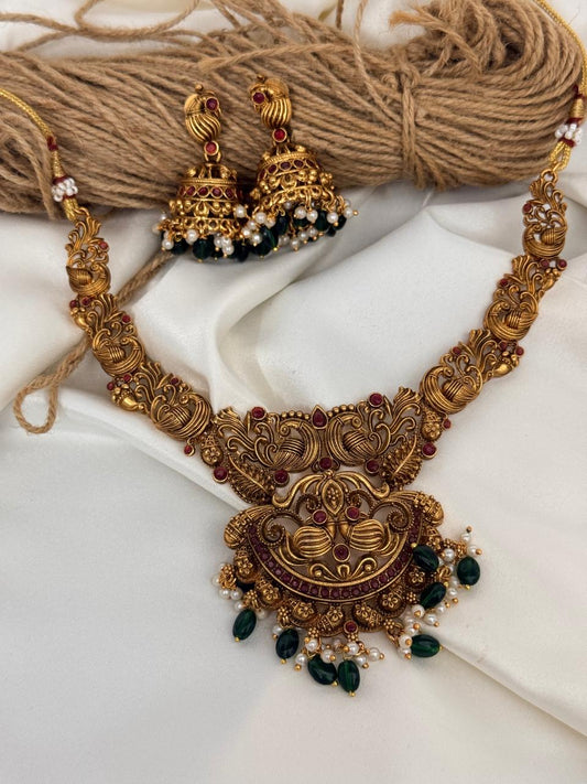 Ruby Stone Peacock Pendant Necklace With Earrings