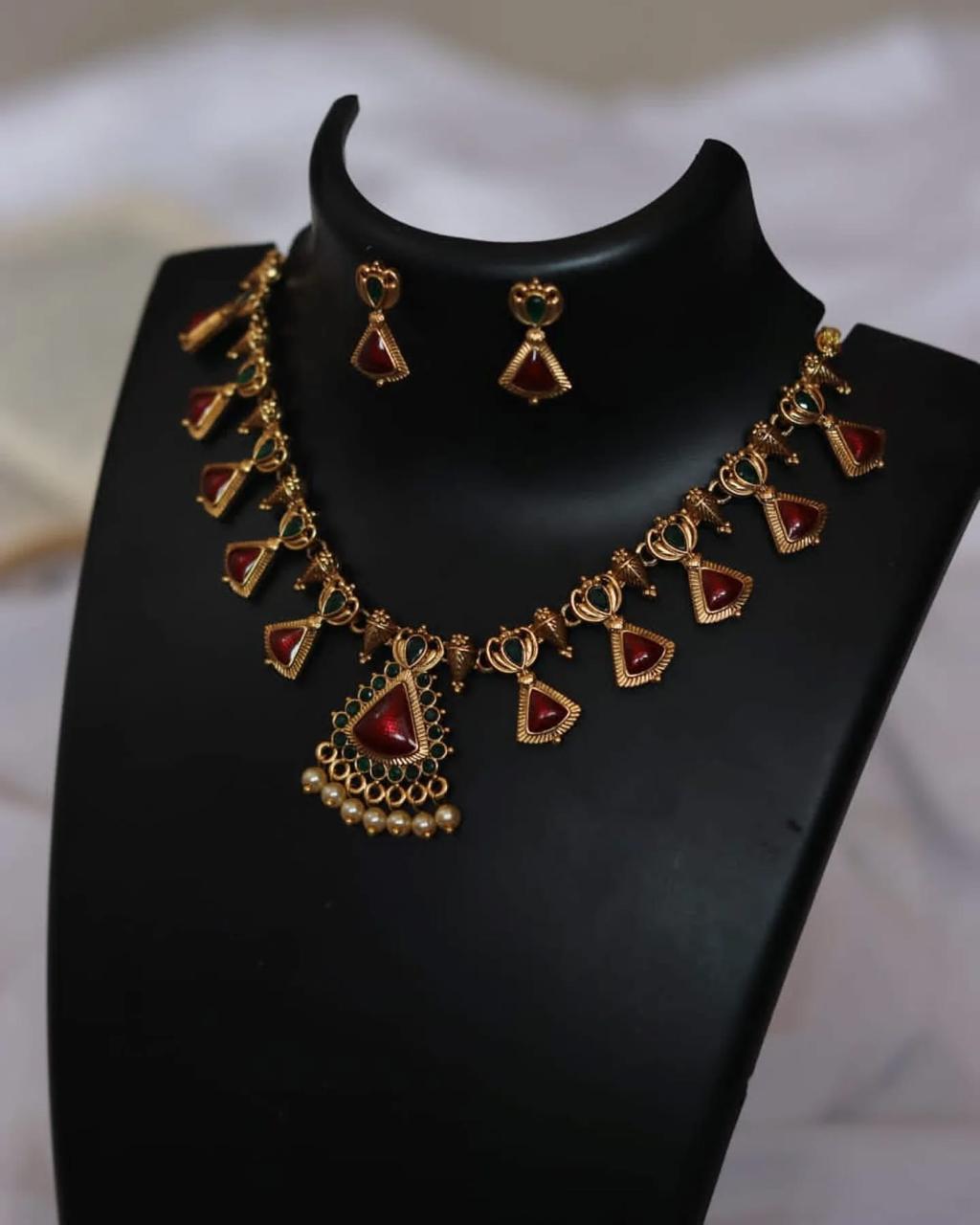 Triangle Red Palakka Necklace With Earrings