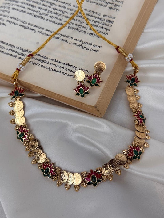 Coin And Lotus Necklace With Earrings
