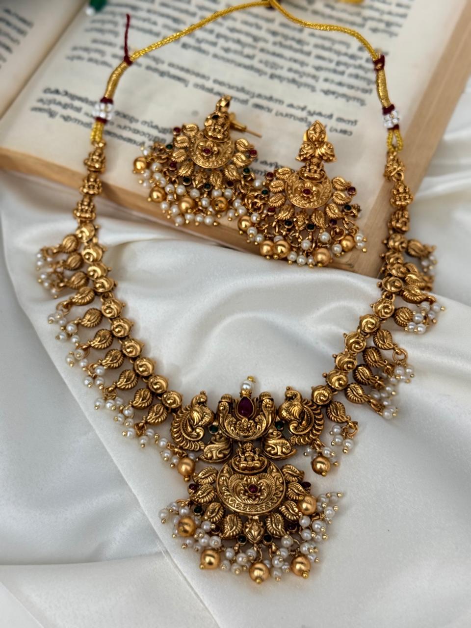 Multicolor Lakshmi And Peacock Motif Necklace With Earrings