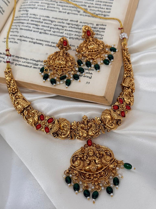 Lakshmi Pendant With Coral Beads Necklace With Earrings