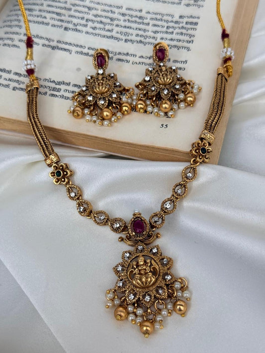 Ruby Stones With Lakshmi Pendant Necklace With Earrings