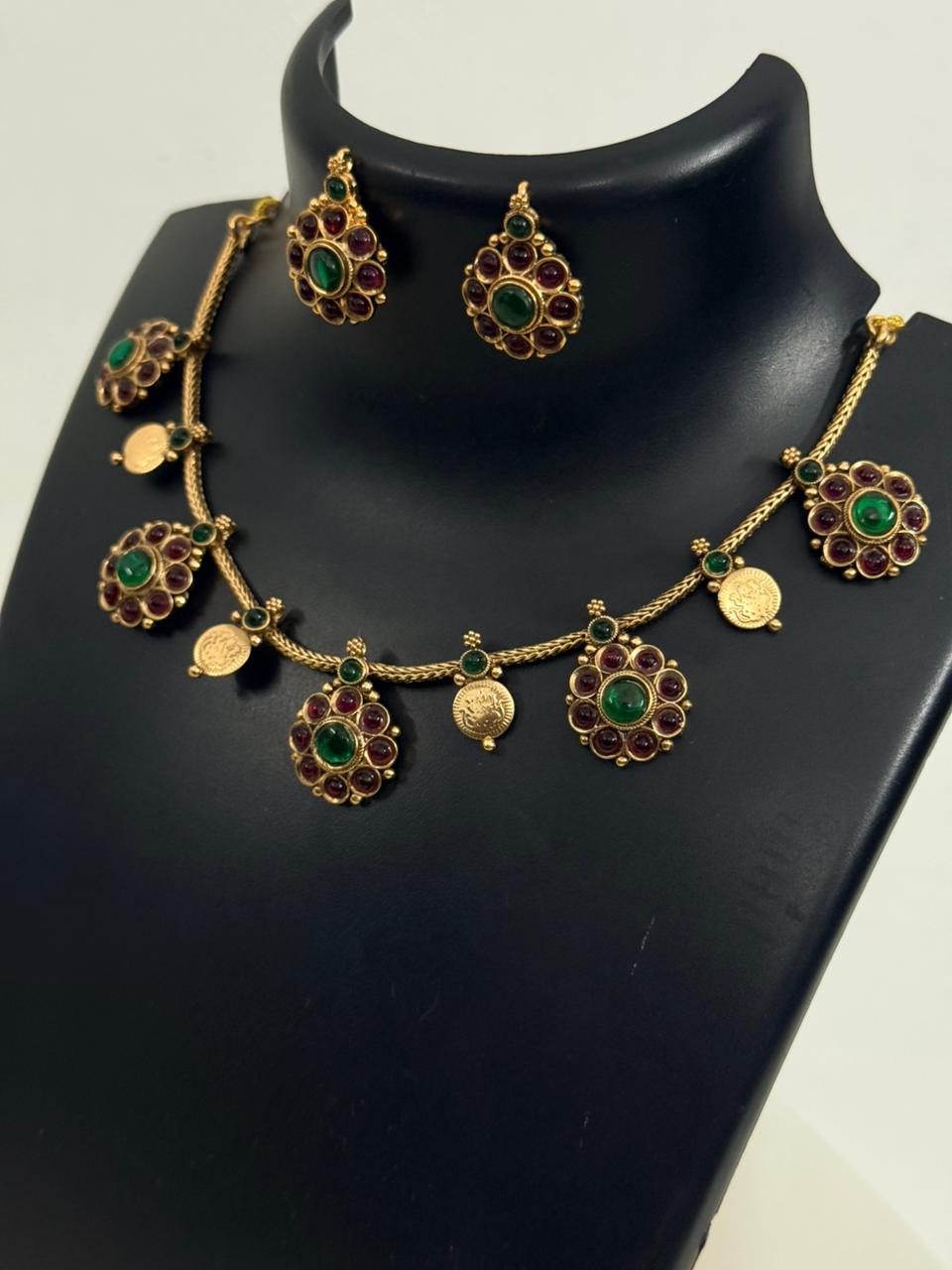 Multicolor Flower Motif With Small Coin Necklace With Earrings