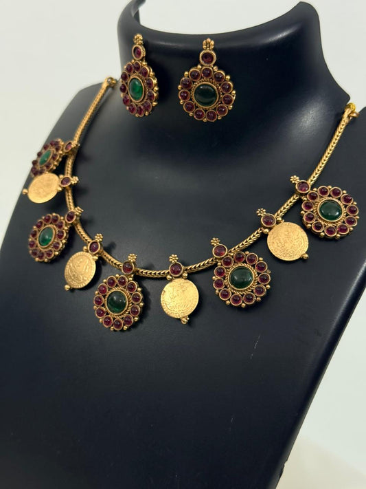 Multicolor Flower With Lakshmi Coin Necklace With Earrings