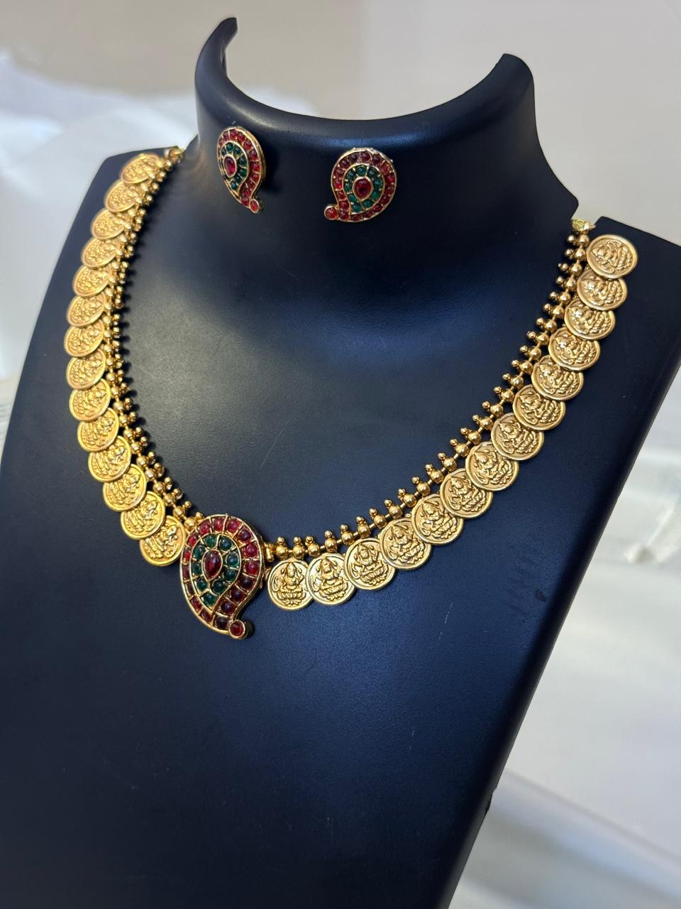 Multicolor Kemp Mango With Coins Necklace With Earrings