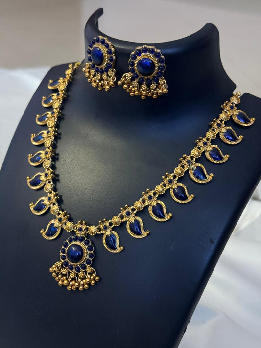 Blue Enamelled Mango Necklace With Earrings