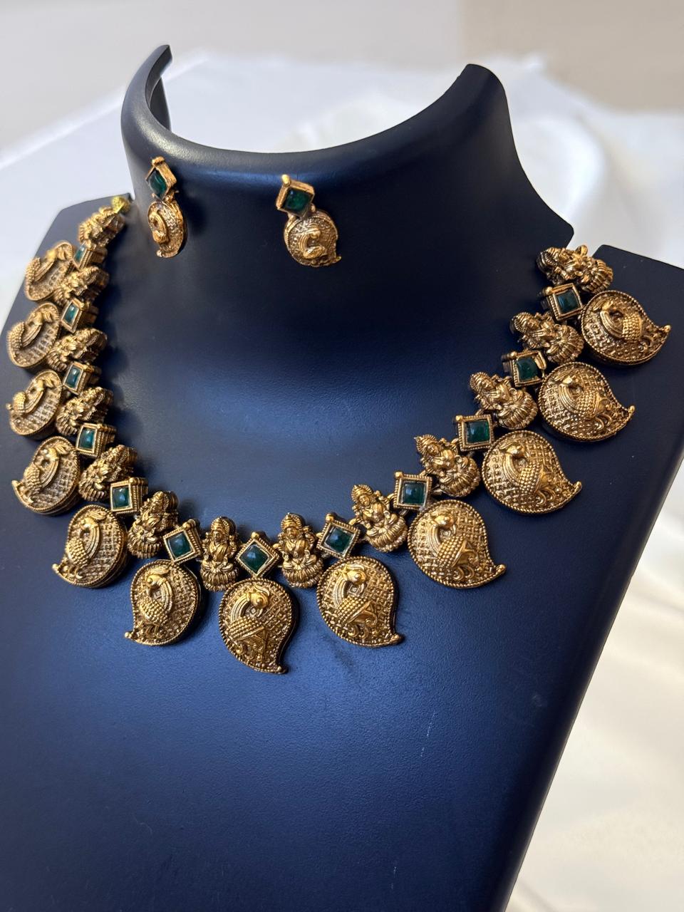 Lakshmi And Peacock Motif In Mango Design (Green) Necklace With Earrings
