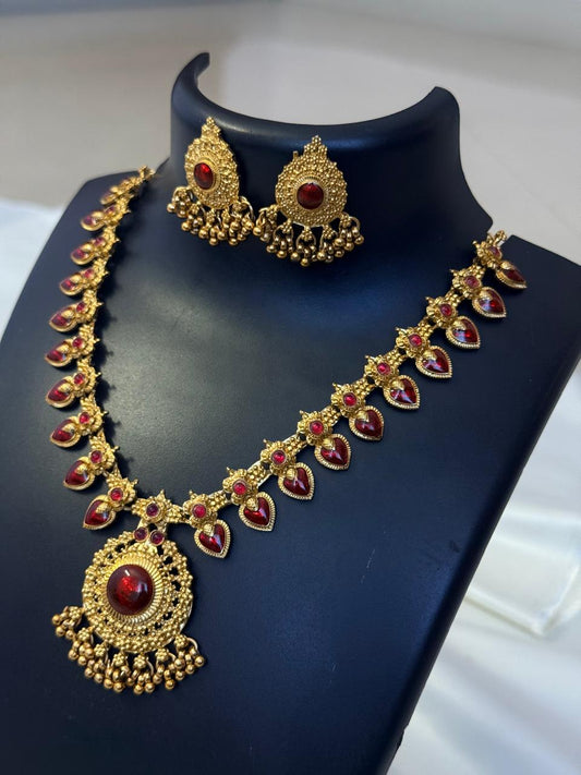 Red Enamelled Heart Necklace With Earrings